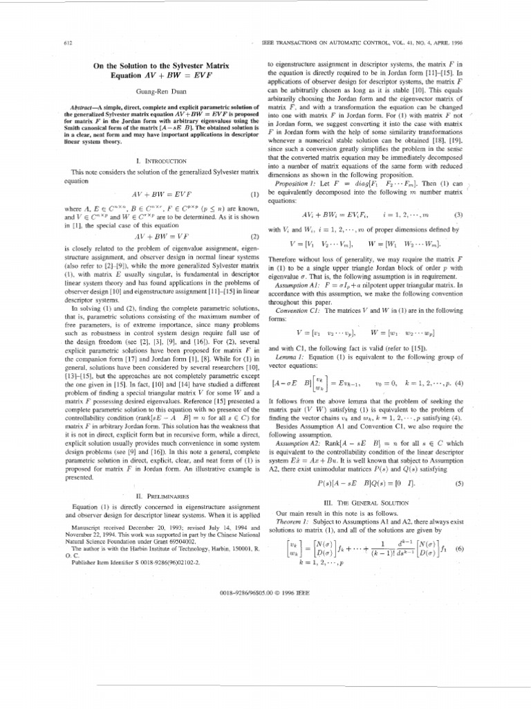 Sylvester Matrix Equation Solutions | PDF | Matrix (Mathematics ...