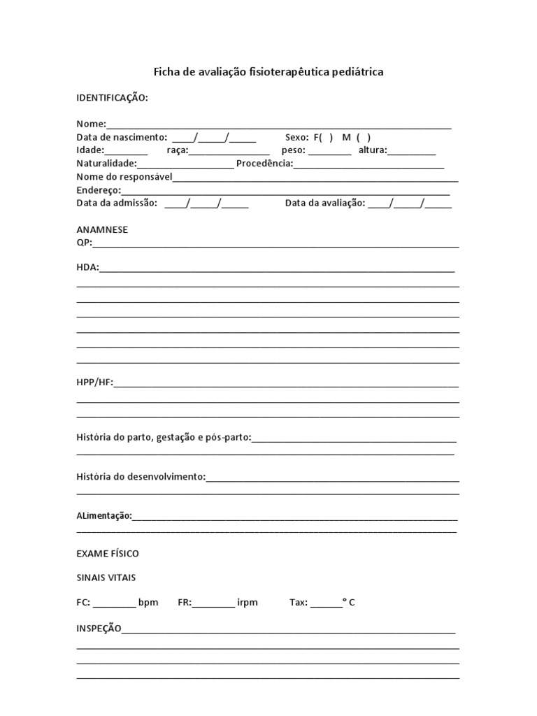 Ficha de avaliação fisioterapêutica pediátrica