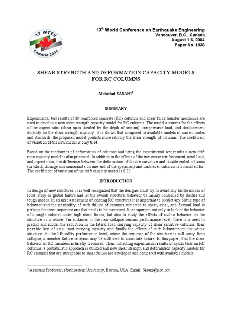 Shear Strength Models for RC Columns | PDF | Strength Of Materials ...