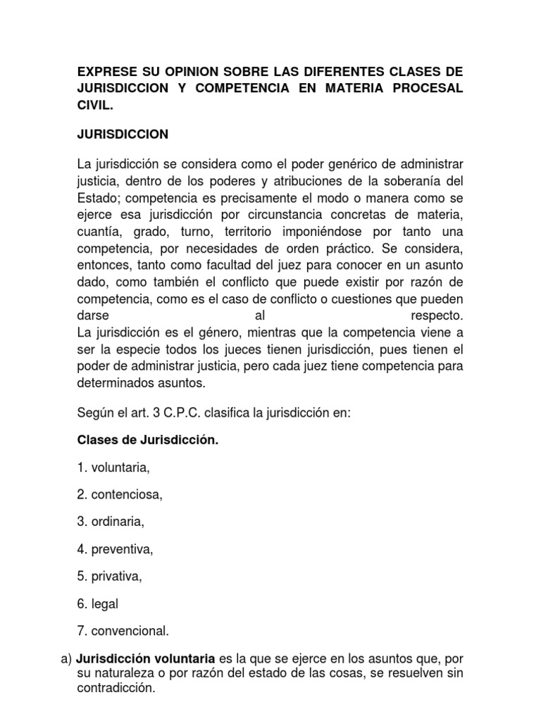 Jurisdicción y Competencia Procesal Civil | PDF | Competencia (ley ...