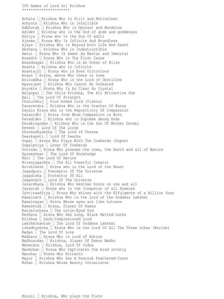 108 Names of Lord Krishna | PDF | Krishna | Hinduism