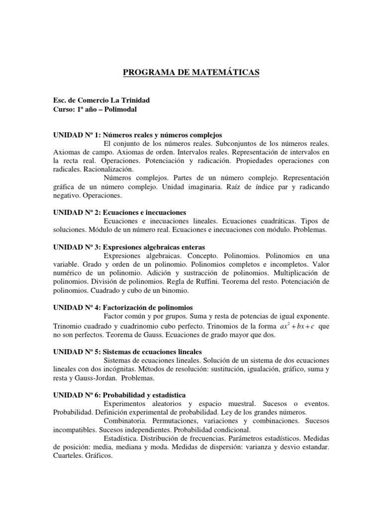 Programa de Matemática de 1° Año Del Polimodal | PDF | Número complejo |  Ecuaciones
