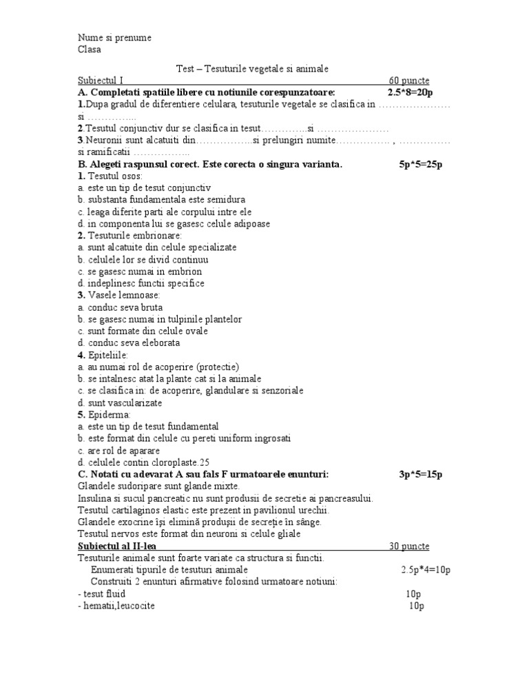 Test Tesuturi Vegetale Si Animale | PDF