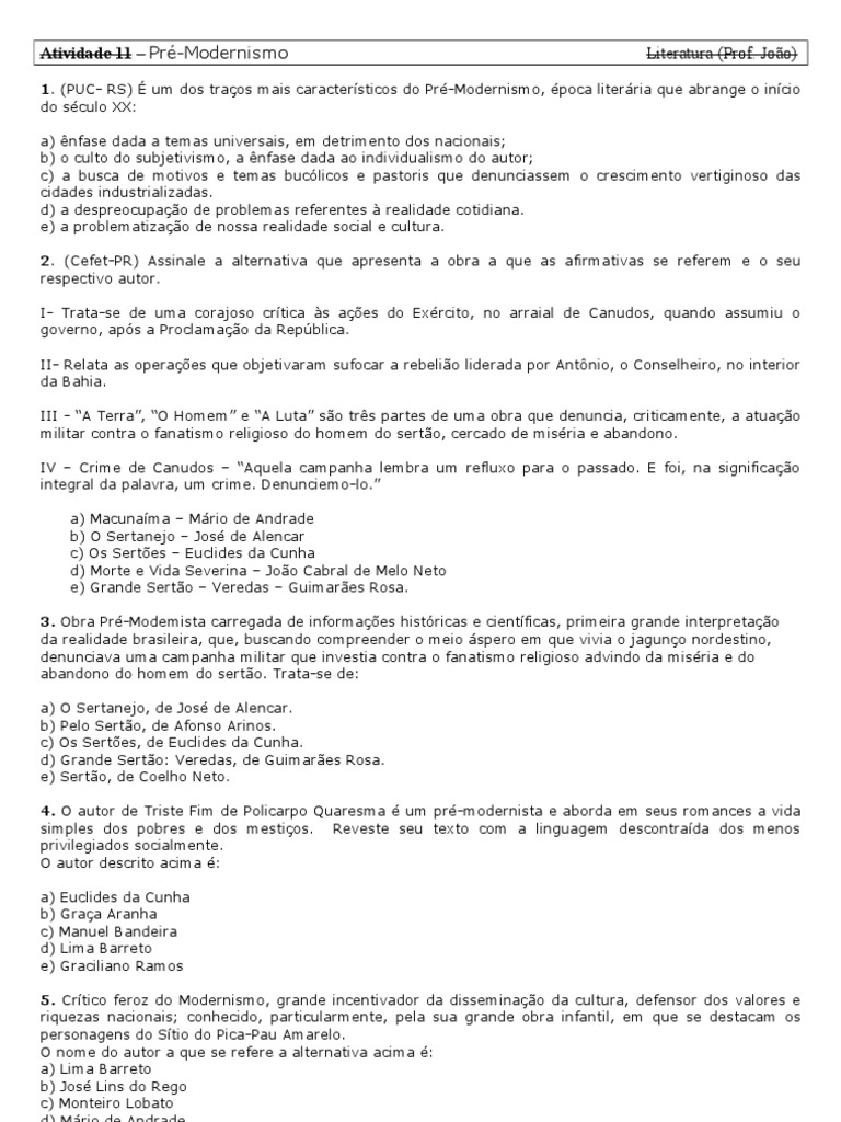 Exercicios Pre Modernismo | PDF | Brasil