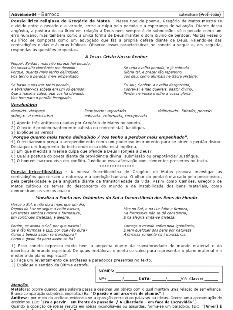 Questões Sobre O Barroco Brasileiro Com Gabarito