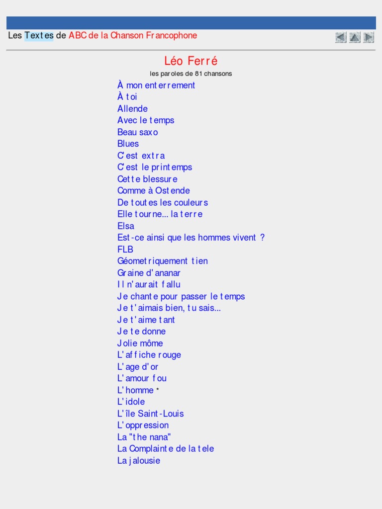 Je T aimais Je T aime Et Je T aimerai Paroles Pdf Les Paroles Des Chansons de Léo Ferré - 81 Textes Disponibles - Paroles Net  | PDF | Paris | La nature