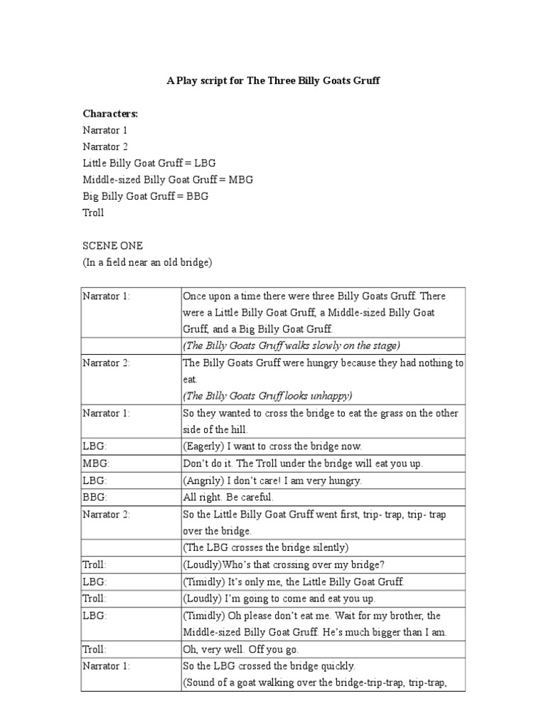 A Play Script For The Three Billy Goats Gruff Doc Leisure