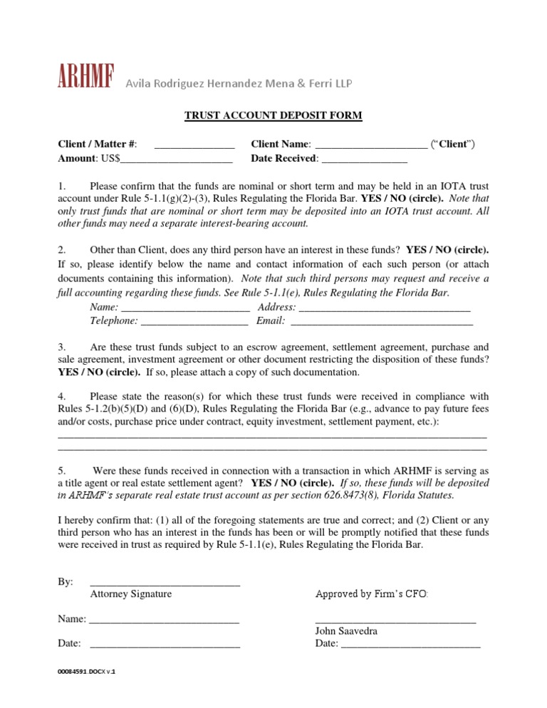 Trust Account Deposit Form Trust Law Deposit Account