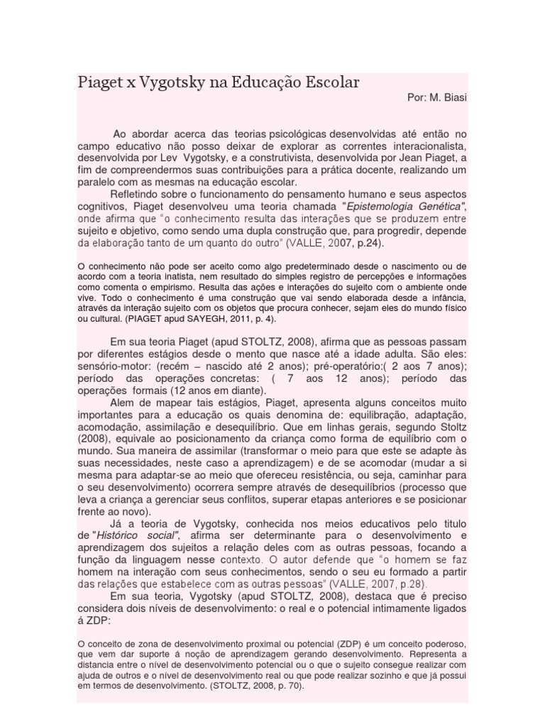 Teorias de Piaget e Vygotsky na Educação | PDF | Aprendizado ...