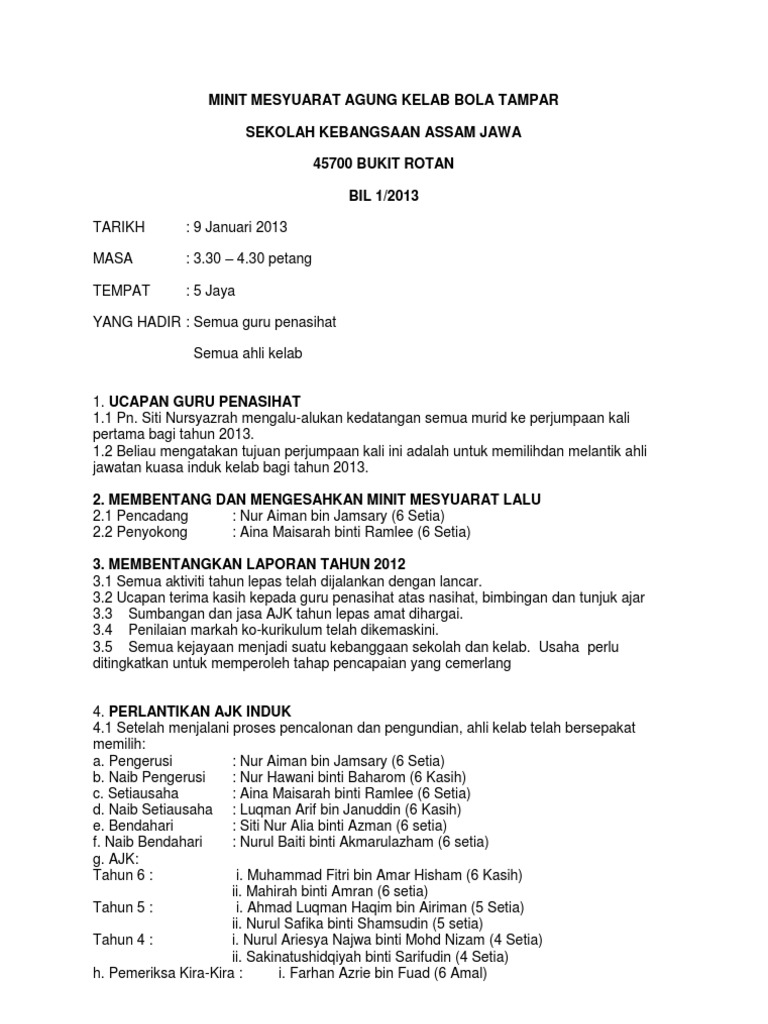 Minit Mesyuarat Agung 2013 Kelab Bola Tampar