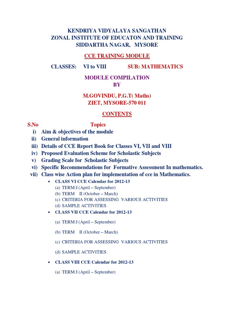 CCE Training Module for Mathematics VI-VIII | PDF | Educational ...