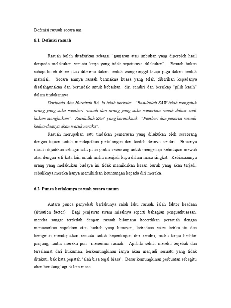 Defenisi Rasuah Secara Am