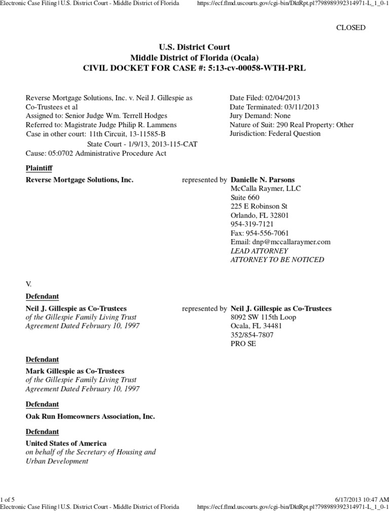 Civil Docket for Case 5.13 Cv 00058 Wth Prl Complaint Foreclosure