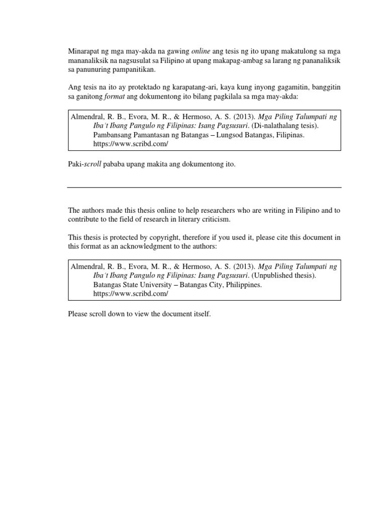 thesis statement sa filipino halimbawa