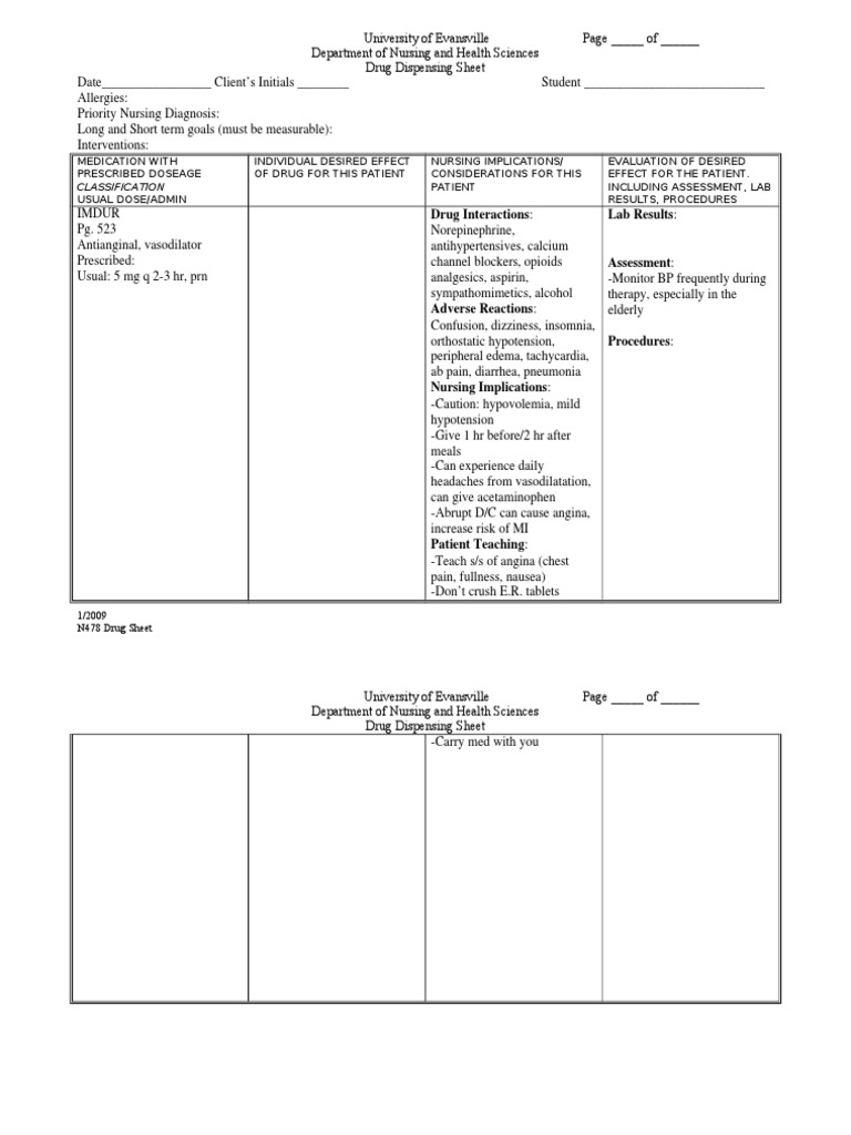 Drug Dispensing Sheet for Imdur (Isosorbide Mononitrate) Detailing