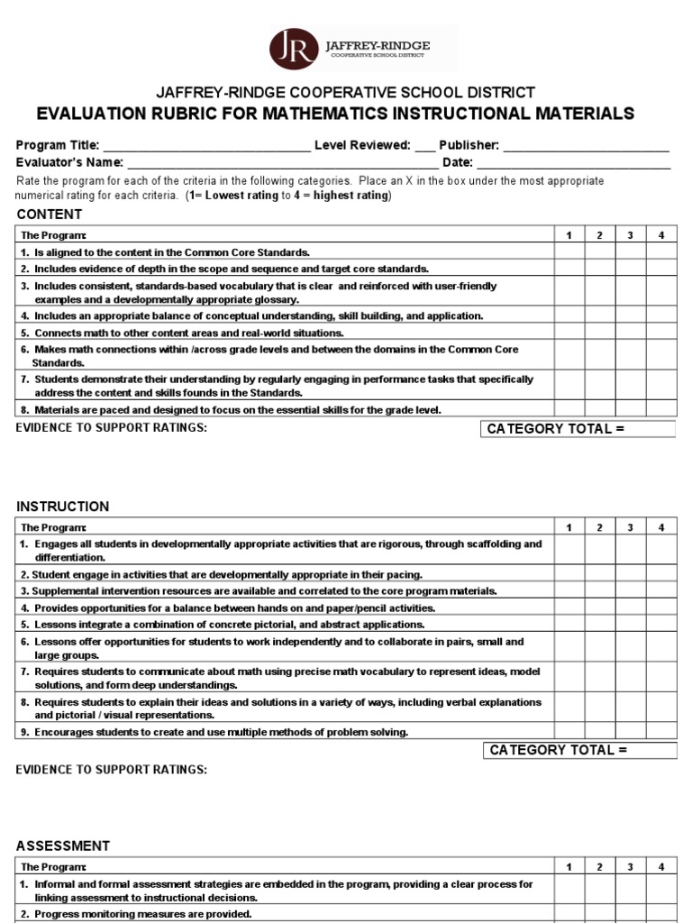 Mathematics Instructional Materials Rubric | PDF | Educational ...