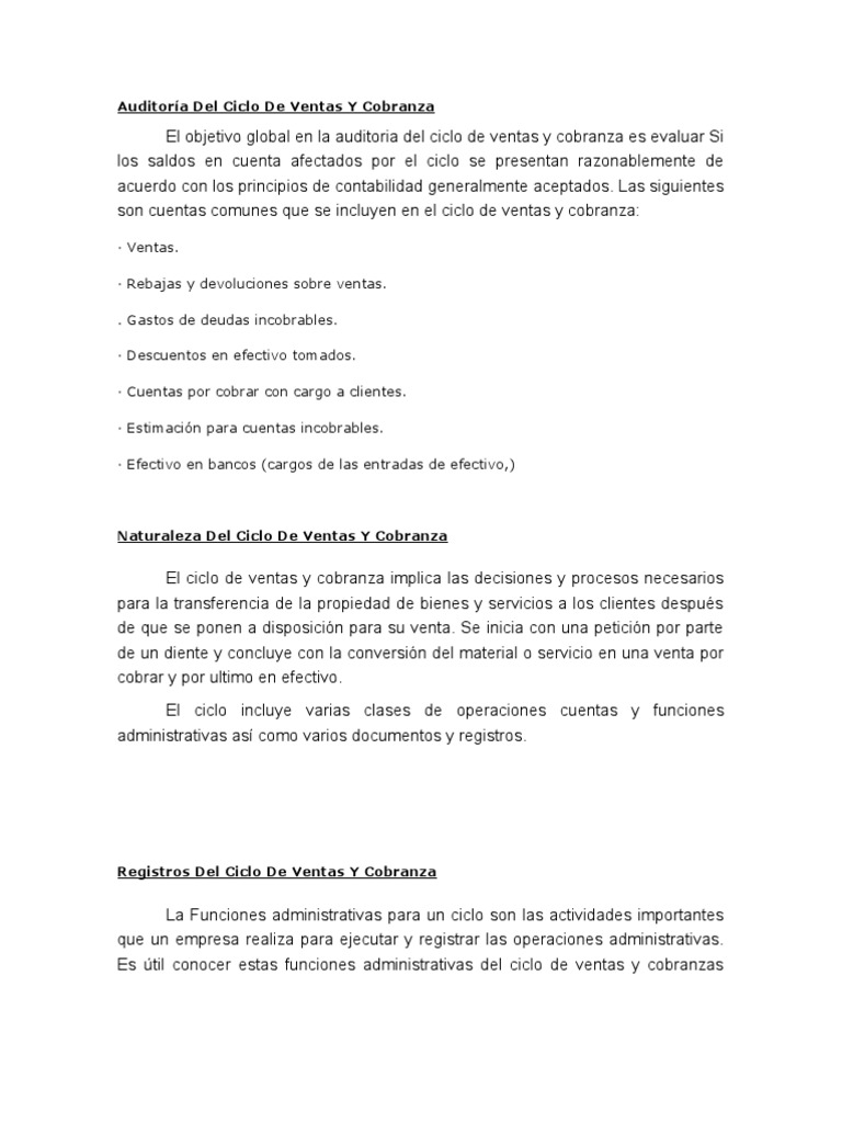 Auditoría del Ciclo de Ventas y Cobranza | PDF | Auditoría financiera ...