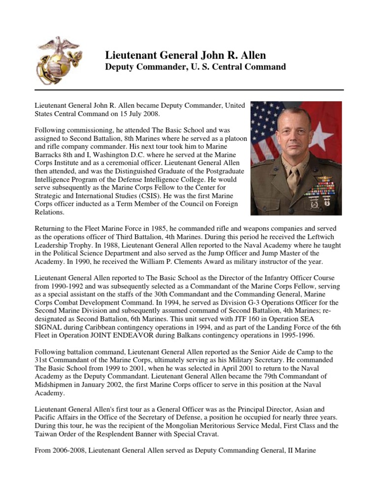 Lieutenant General John R. Allen | PDF | Military Science | Military ...