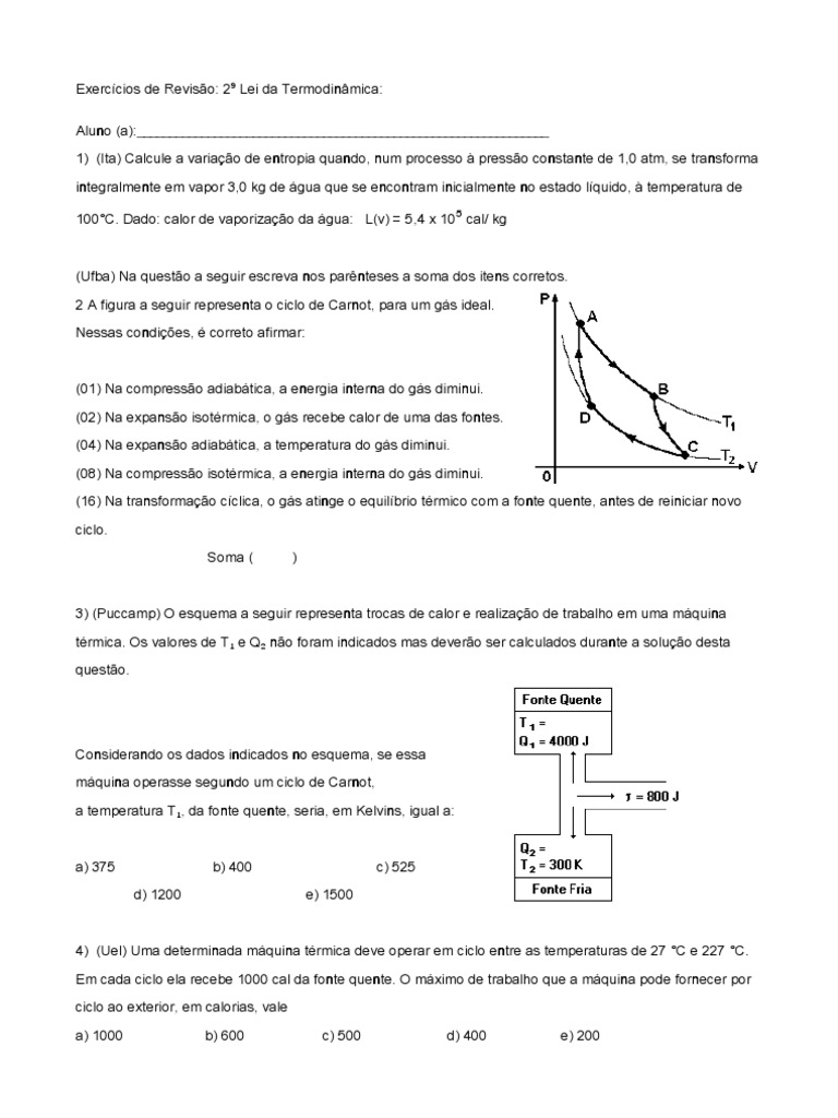 Exercícios sobre a 2ª Lei da Termodinâmica | PDF | Termodinâmica | Calor