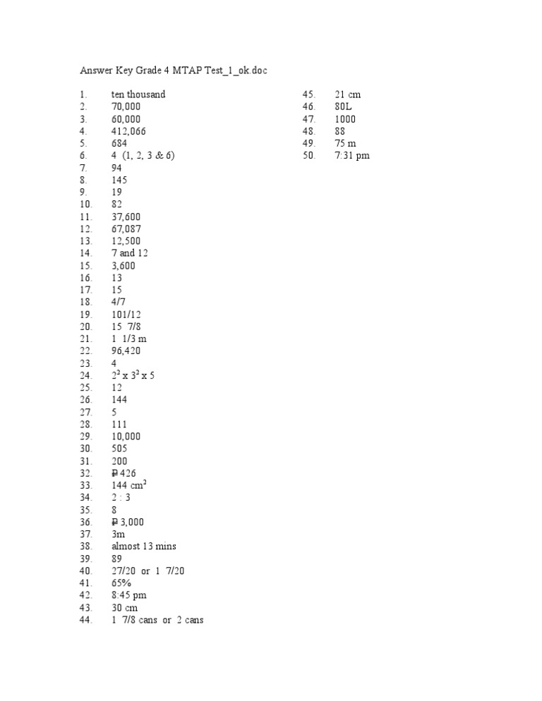 Grade 4 MTAP Test - 1 - FIRST - Answer Key | PDF