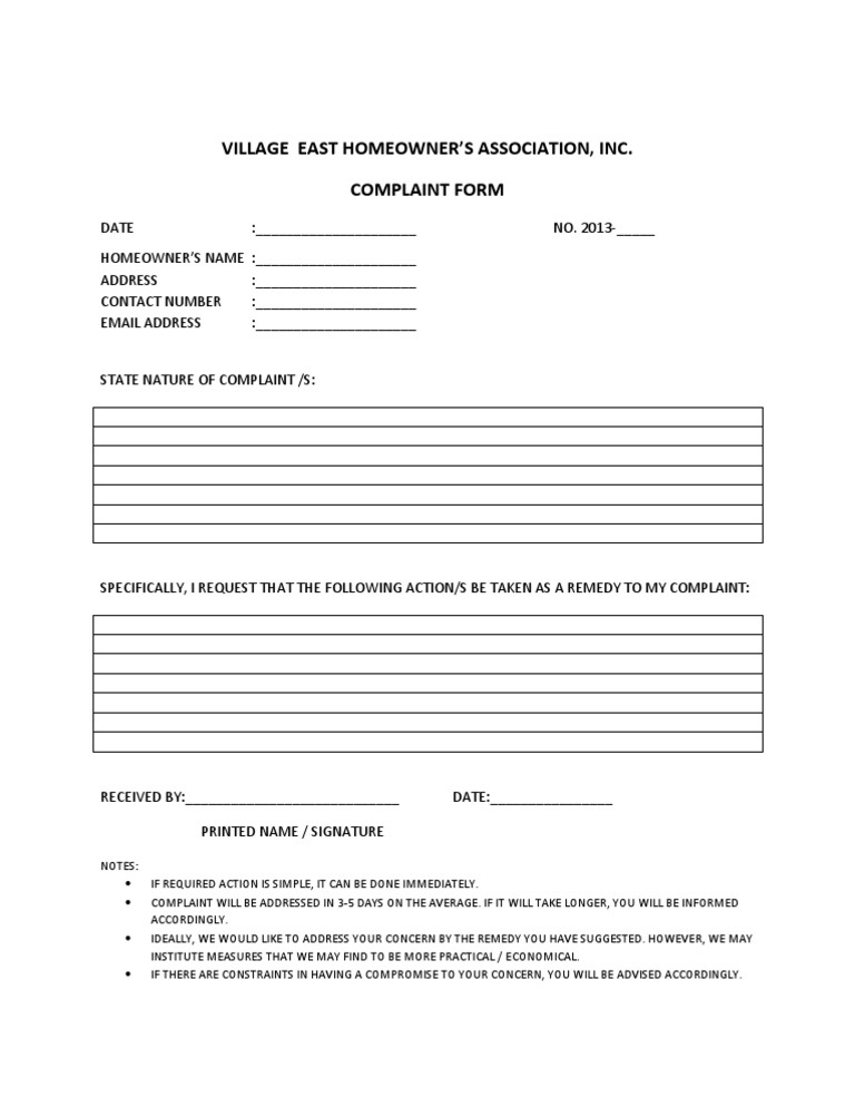 Village East Homeowner'S Association, Inc. Complaint Form PDF