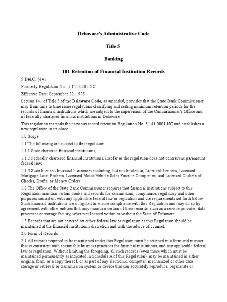 Delaware Administrative Code Banking | PDF | Bank Regulation | Cheque