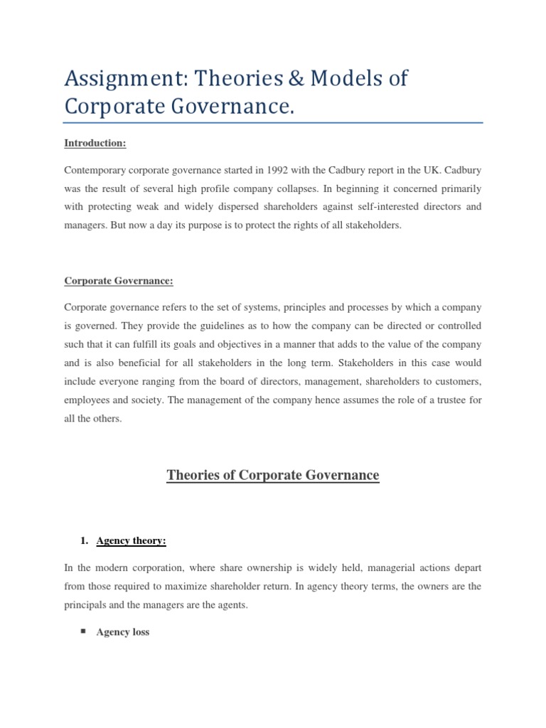 Corporate Governance Difference Between Theories And Model Pdf