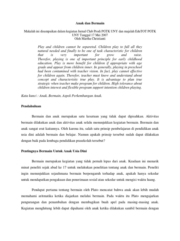 Jurnal Bermain Anak Usia Dini Pdf - Berbagai Permainan - Jurnal Membangun Karakter Anak Melalui Permainan Anak Tradisional