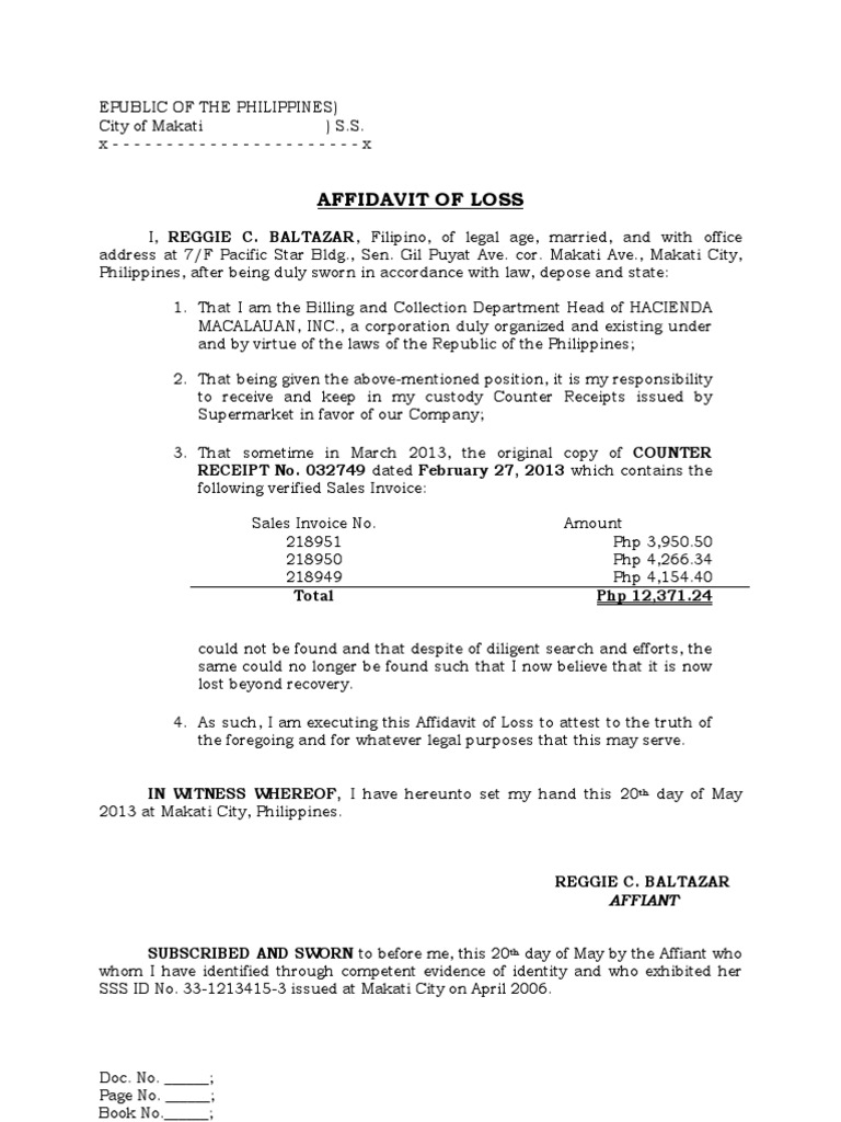 affidavit form legal of loss of Loss Affidavit affidavit form legal of loss of Loss Affidavit