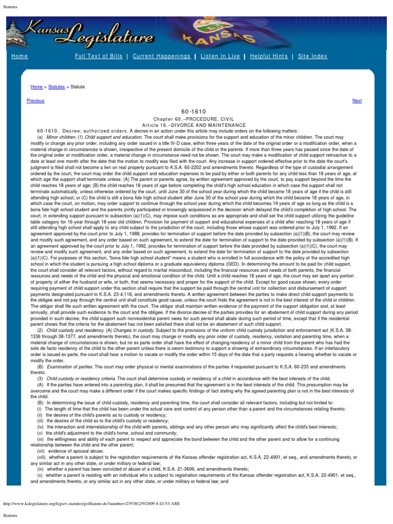 Statutes Ksa 601610 PDF Child Custody Child Support