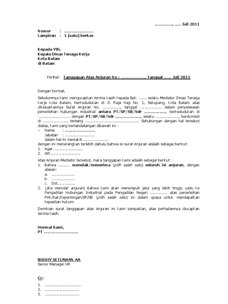 Contoh Surat Jawaban Atas Anjuran Disnaker Rambu Soal