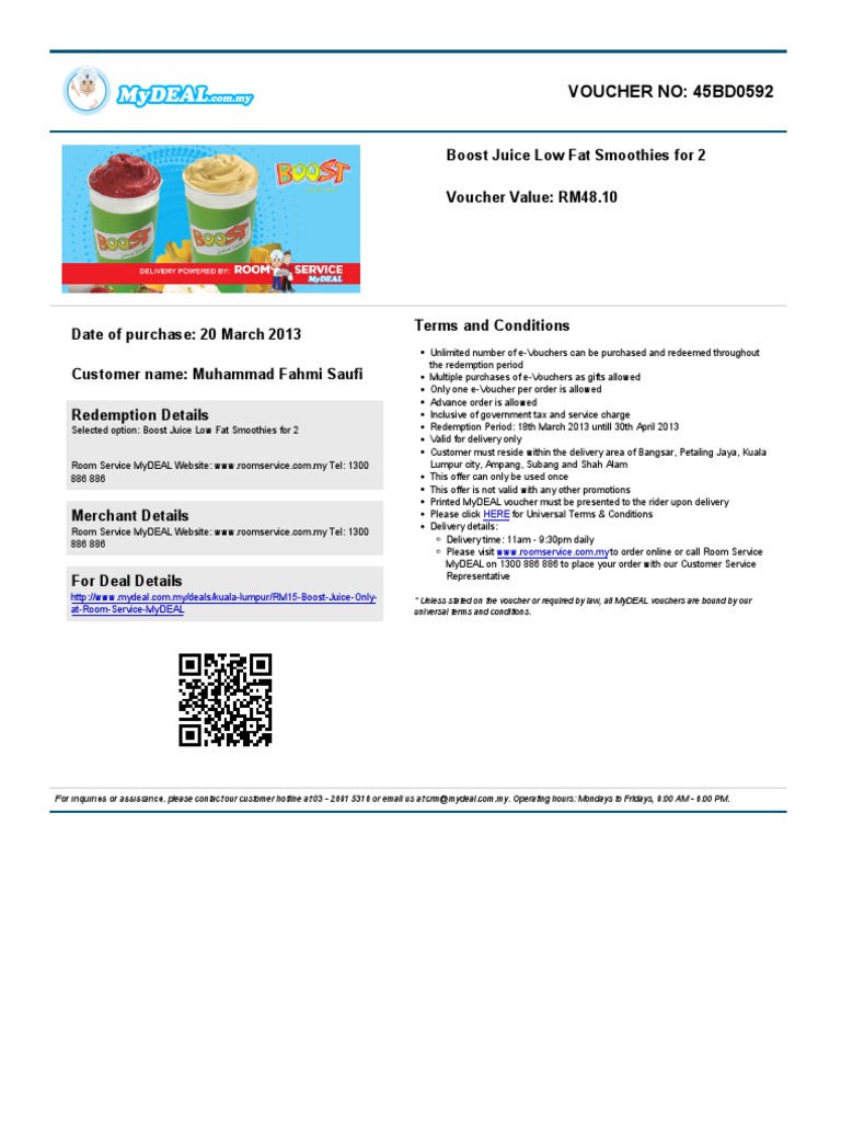 Boost Juice Low Fat Smoothies For 2 VOUCHER NO 45BD0592 PDF