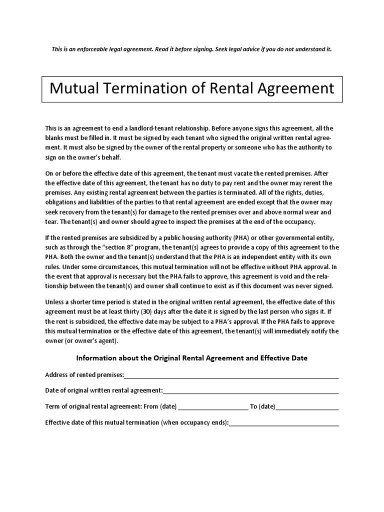Mutual Termination of Rental Agreement  PDF  Lease  Leasehold With Regard To mutual agreement to terminate contract template