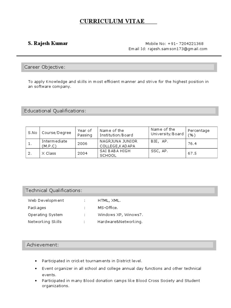 S. Rajesh Kumar's CV for Software Role | PDF
