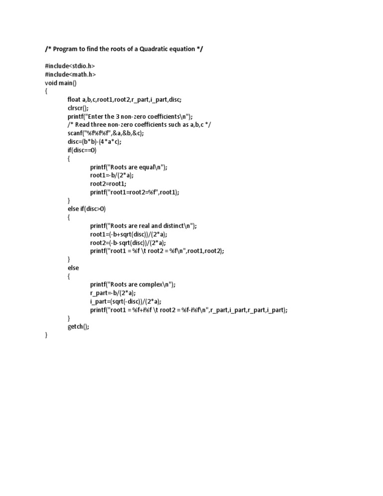 Program To Find The Roots of A Quadratic Equation | PDF