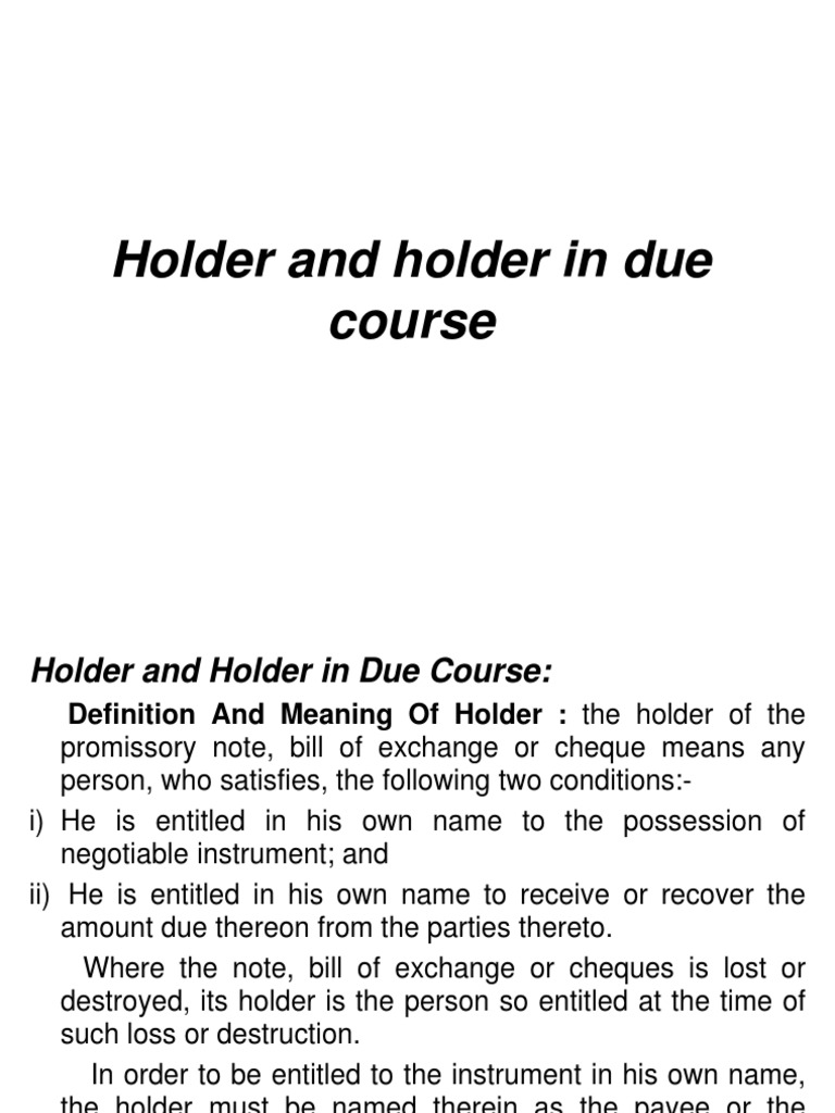 Holder & Holder in Due Course PDF Negotiable Instrument Cheque