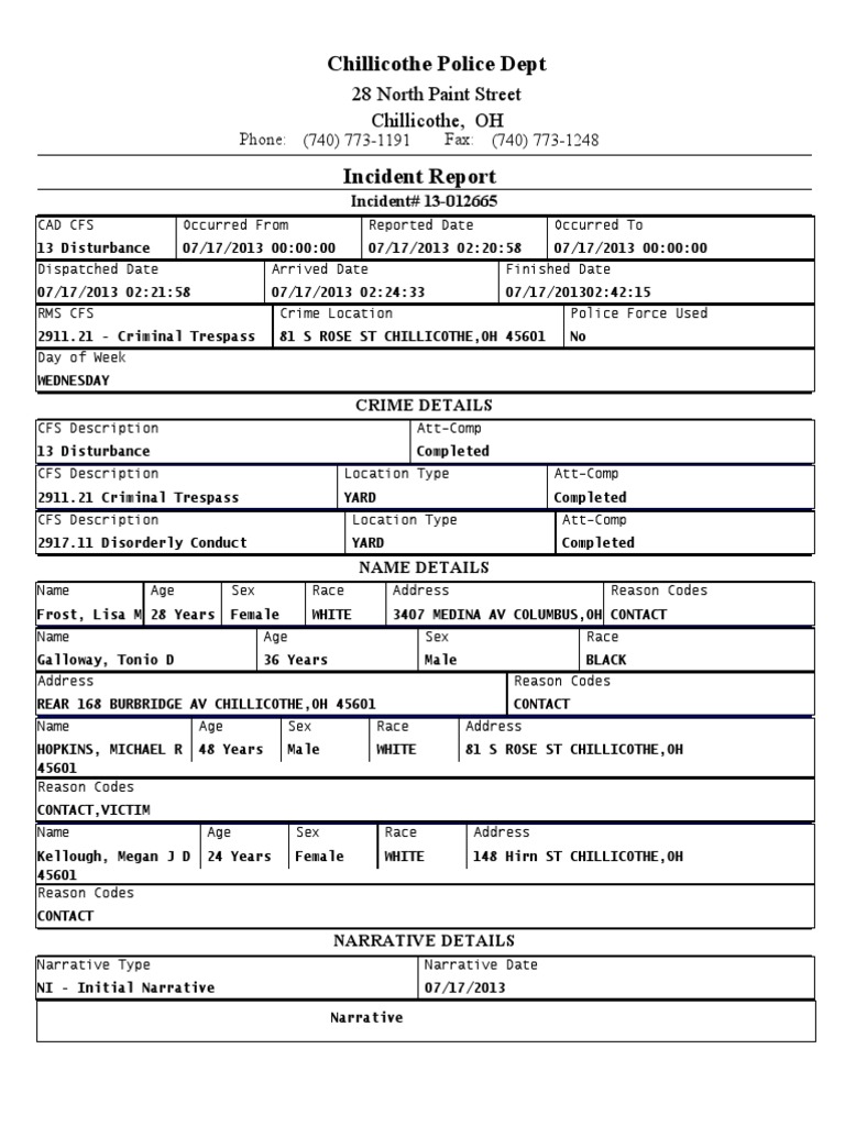 Chillicothe Police Incident Reports | PDF | Arrest | Arrest Warrant
