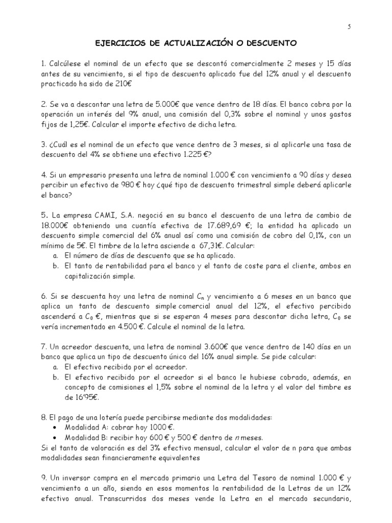 Ejercicios de Descuento y Rentabilidad Financiera | PDF | Interés | Euro