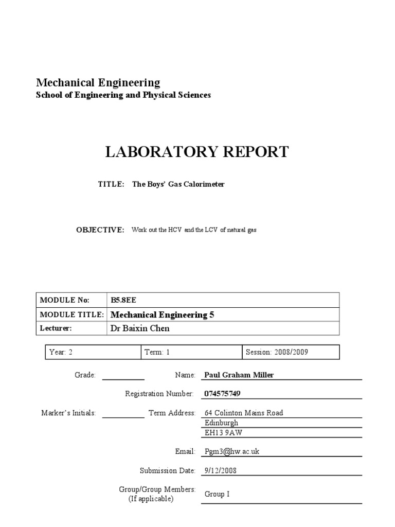 The Boys Gas Calorimeter Gases Temperature
