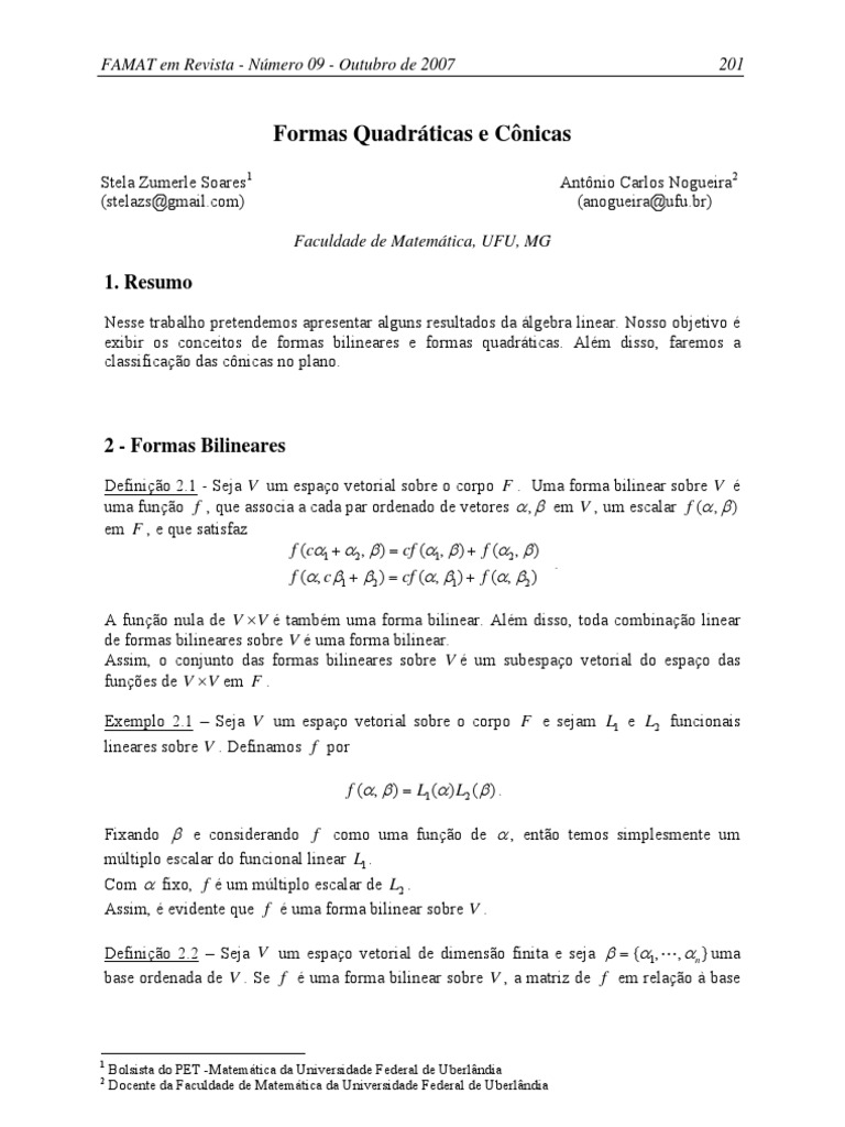 Formas Quadráticas e Cônicas: Álgebra Linear e Classificação | PDF ...