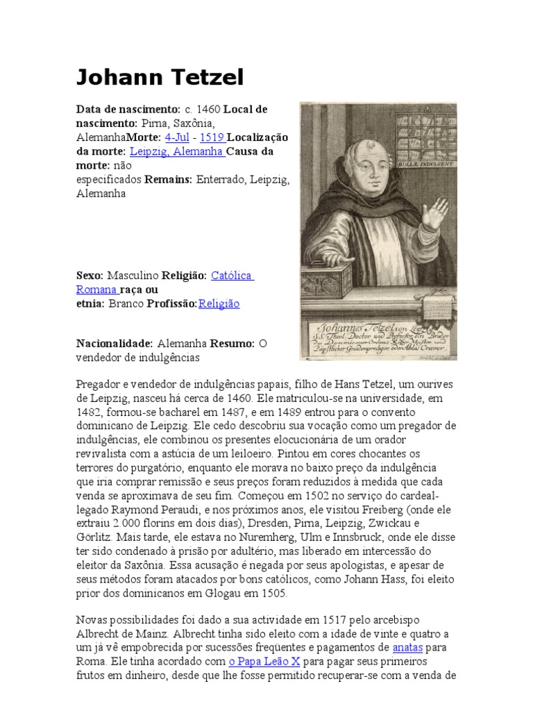 Johann Tetzel - Biografia | PDF | Martinho Lutero | Indulgência