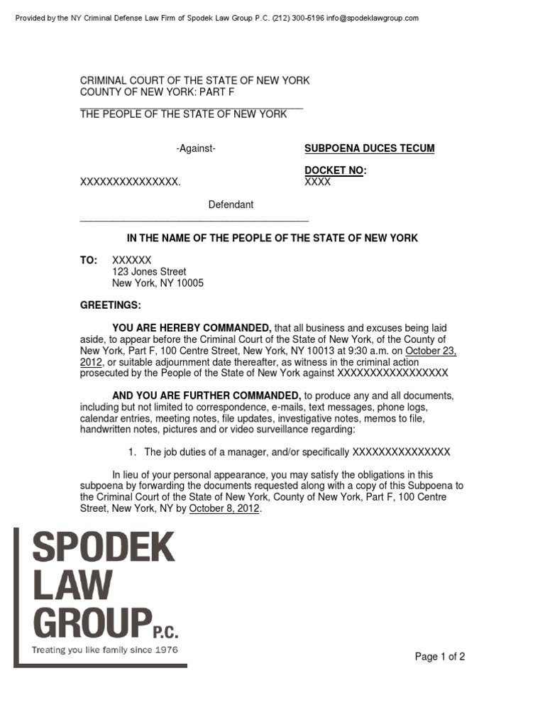 NY Criminal Subpoena Duces Tecum