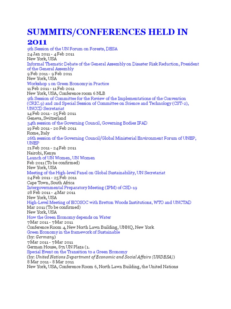 Summits/Conferences Held in 2011 | PDF | United Nations Environment ...