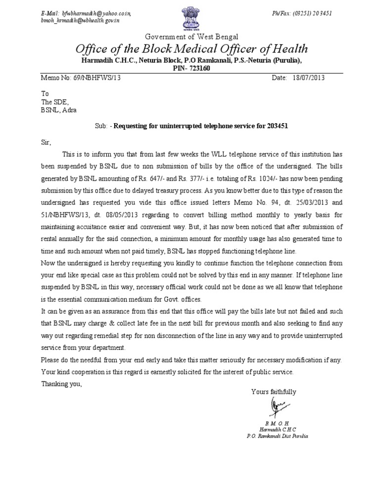 Letter to the SDE, Adra Reg. Request for Reconnection of Telephone