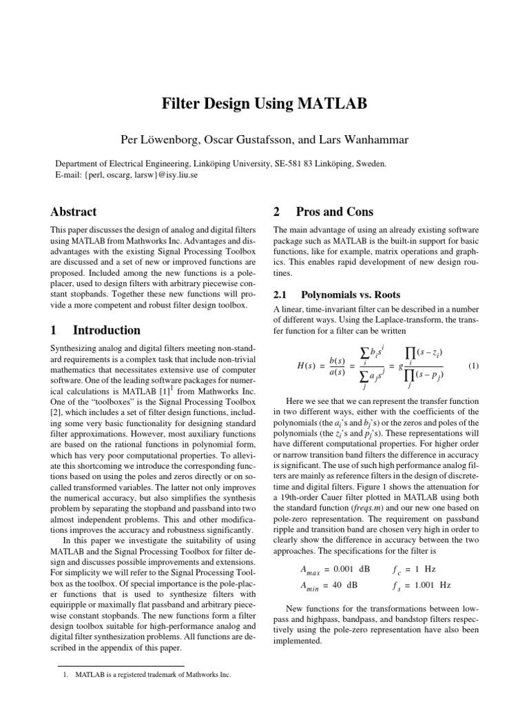 MATLAB Filter Design Techniques | PDF | Low Pass Filter | Algorithms