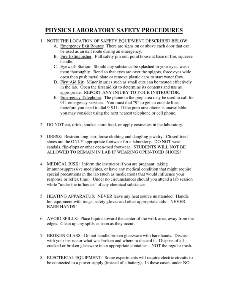 Physics Laboratory Safety Handout | PDF | Laboratories | Safety