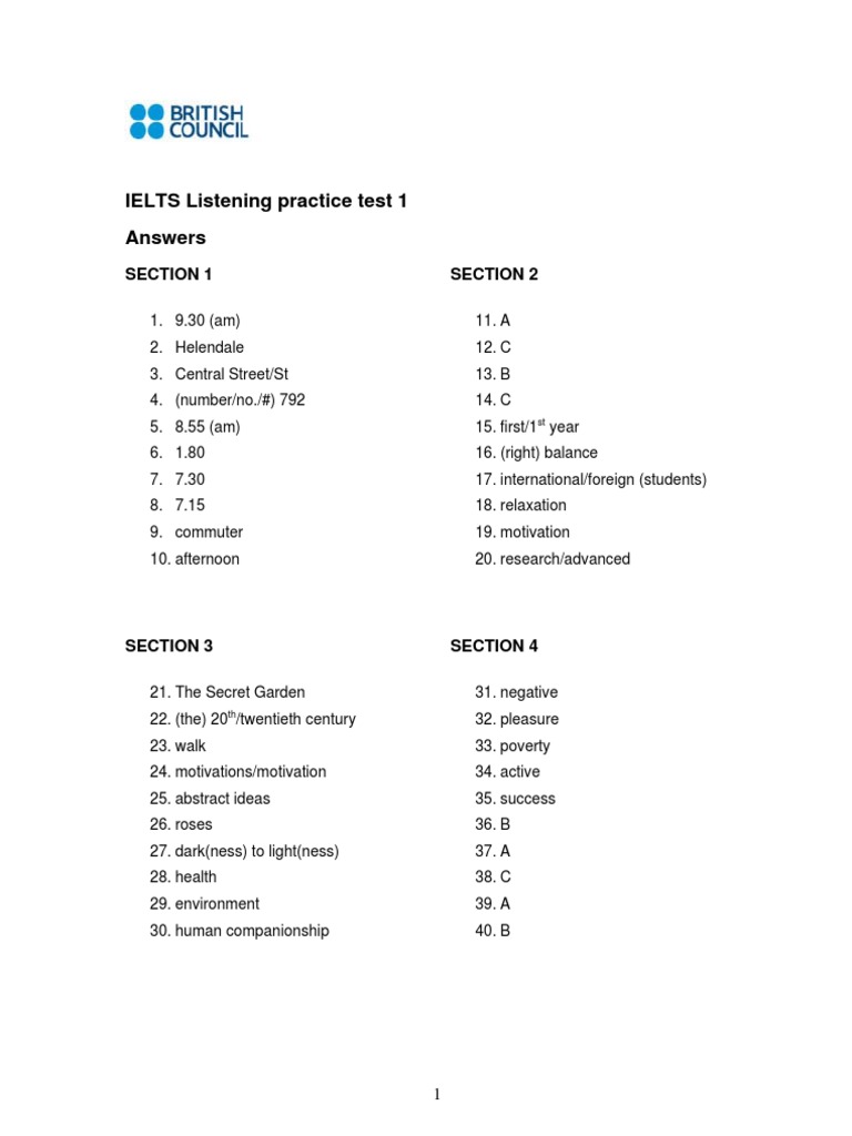 Listening Practice Test 1 Answers 0 | PDF
