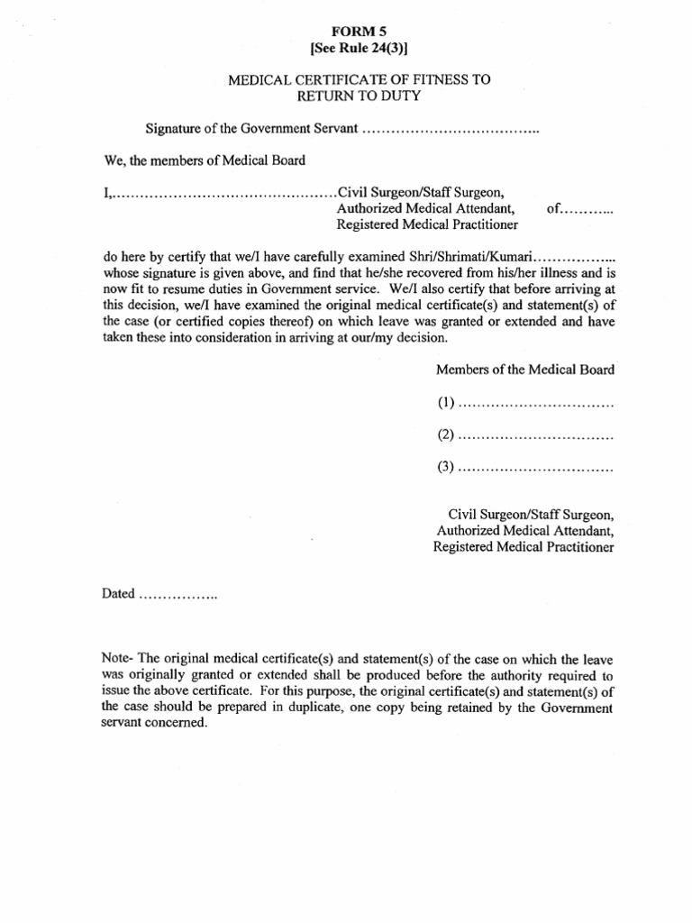 Medical Certificate of Fitness to Return to Duty | PDF | Health Care ...