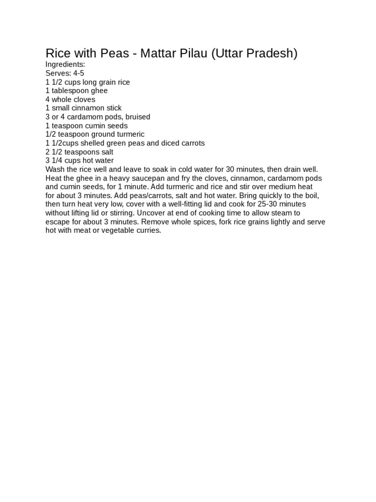 Rice With Peas - Mattar Pilau (Uttar Pradesh) | PDF
