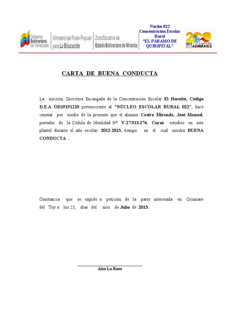 Ejemplo Carta de Buena Conducta PDF